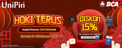 Hoki Terus – Diskon 15% Setiap Top Up Voucher UniPin dan Voucher Game Pakai BCA
